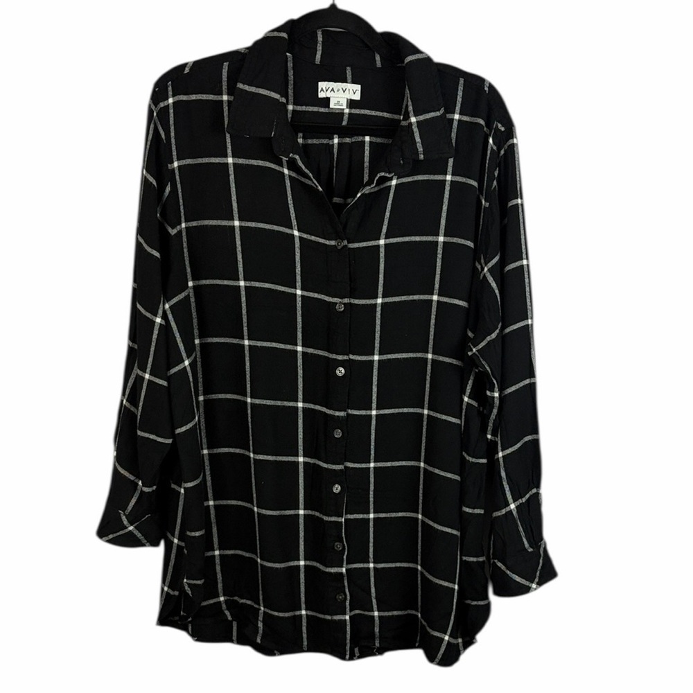 Ava & Viv Casual Flannel Long Sleeve Button Front Checkered Shirt 2X Black